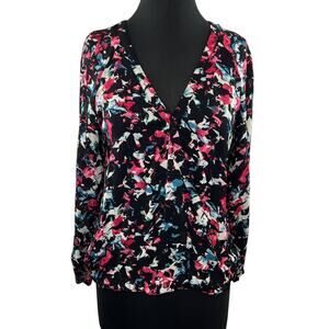 PARKER Black Floral 100% Silk Pleated Cut-Out Back Blouse Long Sleeve Chiffon S